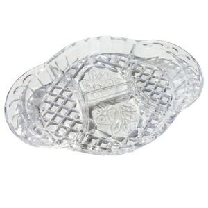 Diamond Cut Divided Dish Glass Serving Platter Plate Dogwood Flower Oval Vintage